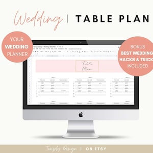 May include: A computer screen displaying a wedding table plan template in a spreadsheet program. The template is titled "Table Plan" and includes columns for guest names, table numbers, and meal preferences. The screen is surrounded by text that reads "Wedding Table Plan", "Your Wedding Planner", "Bonus Best Wedding Hacks & Tricks Included", "Fully Editable", "Instant Download", and "Temply Design on Etsy".