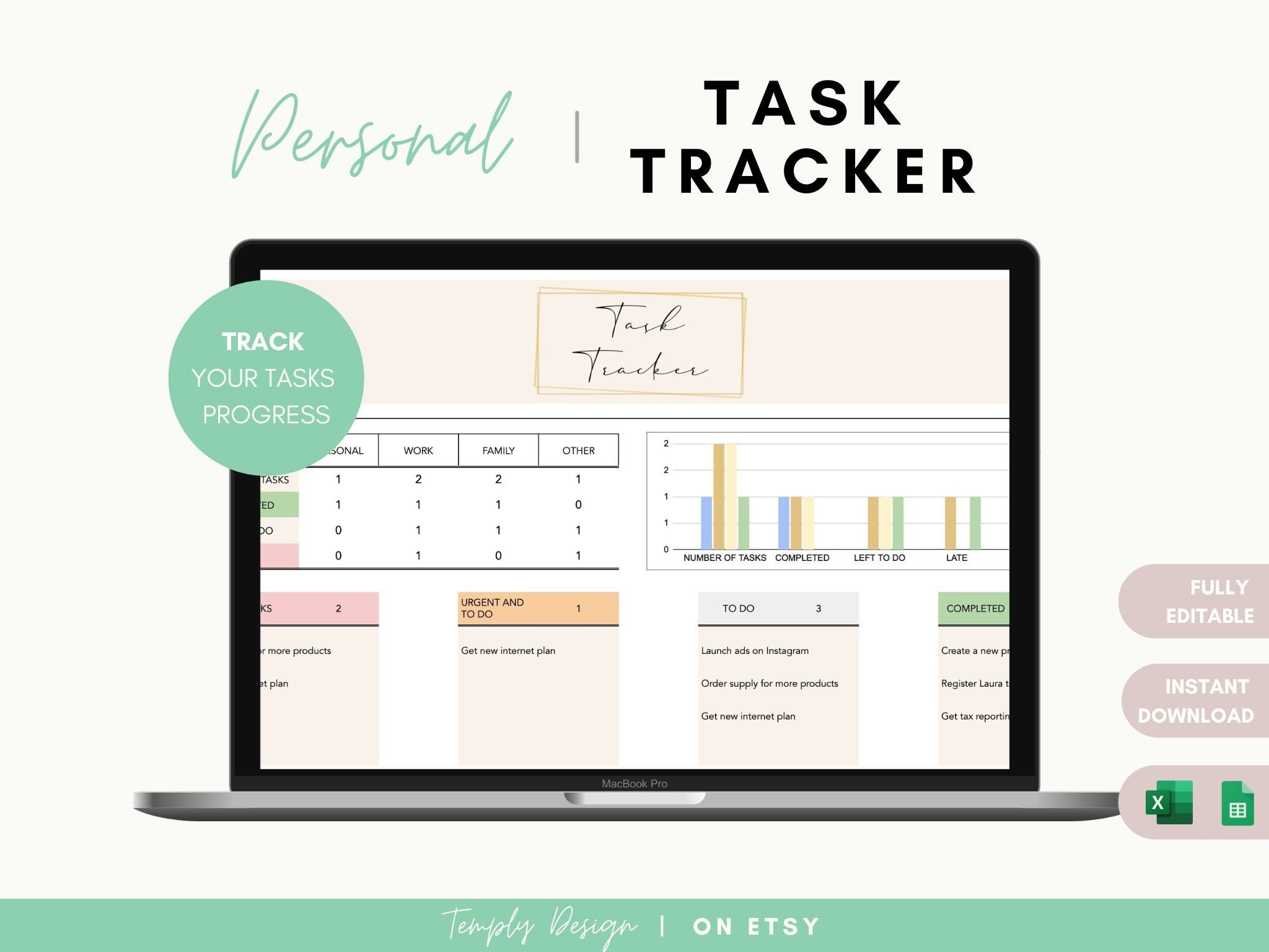 Task Tracker, Excel and Google Spreadsheets Planner, To Do Lists Progress, Organization Tool, Digital Templates, Personal and Work Planner
