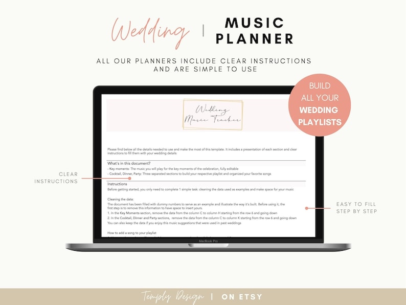 Wedding spreadsheet to organize your wedding planning and build your wedding playlists. In Excel and Google sheets formats. Instant download. Prepare your wedding music easily and in advance. Temply Design