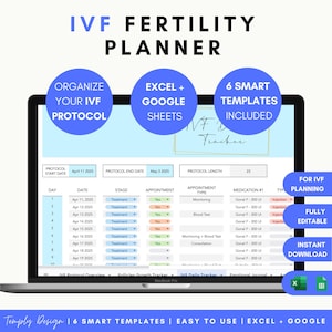 Pacchetto di pianificazione della fertilità per la fecondazione in vitro, 6 fogli di calcolo Excel e Google, monitoraggio del protocollo in vitro, appuntamenti, monitoraggio, budget, diario, farmaci