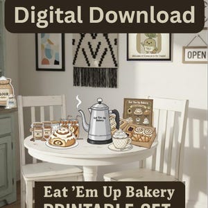 Può includere: Immagine scaricabile digitalmente con un tavolo bianco con prodotti da forno. Una teiera argentata con la scritta "Eat 'Em Up Bakery" è accanto a girelle alla cannella, barattoli di miele e una tazza di caffè. Il testo "Digital Download" e "Eat 'Em Up Bakery PRINTABLE SET" è incluso.