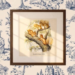 Puede incluir: Una impresión enmarcada con una ilustración en acuarela de cinco ardillas en una rama de árbol. Las ardillas tienen pelaje marrón rojizo y están posadas en una rama. La impresión está sobre un fondo blanco y enmarcada en un marco de madera oscura. El texto "Beatrix Potter, 1903" está en la parte inferior.