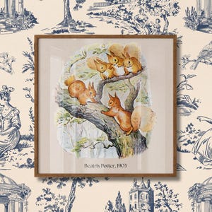 Beatrix Potter Print: Vintage Squirrel Nutkin Illustration, Dark Maple Frame
