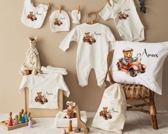 13 pièces vintage Bear Design Coming Home Outfit ensemble, vêtements de bébé Boho personnalisés, cadeau de bébé fille, cadeau de bébé garçon, cadeau de baby shower