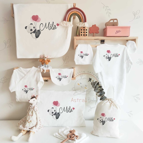 13 Pieces Heart with Panda Coming Home Outfit set, Personalized Boho Baby Clothes, Baby Girl Gift, Baby Boy Gift, Baby Shower Gift