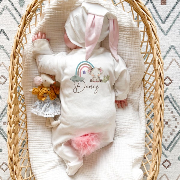Elephant Baby Bunny Romper, Newborn Sleeper, Newborn Baby Gift, Custom Baby Sleeper, Take Home Outfit, Monogram Baby Gown, Baby Shower Gift