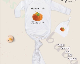 Personalized Knotted Baby Gown, Halloween Design Gown, Coming Home Outfit, Baby Girl Gift, Baby Boy Gift, Organic Print, Baby Shower Gift