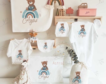Conjunto de traje de oso y arcoíris que regresa a casa, ropa de bebé Boho personalizada, regalo de niña bebé, regalo de niño bebé, regalo de ducha de bebé, 13 piezas,