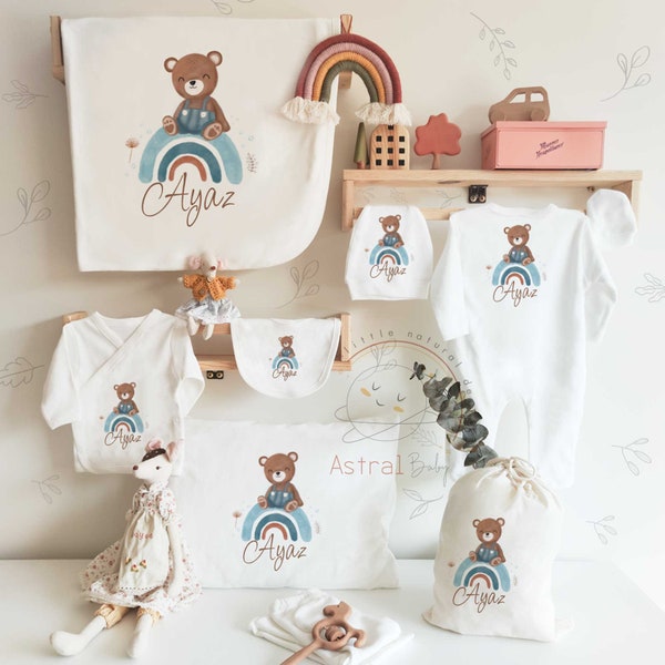 Bär und Regenbogen Coming Home Outfit Set, personalisierte Boho Baby Kleidung, Baby Mädchen Geschenk, Baby Jungen Geschenk, Baby Shower Geschenk, 13 Stück,