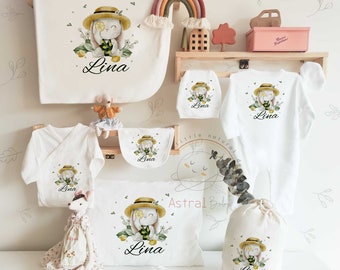 Bunny and Lemon Coming Home Outfit set, Personalized Boho Baby Clothes, Baby Girl Gift, Baby Boy Gift, Baby Shower Gift, Newborn Sleeper