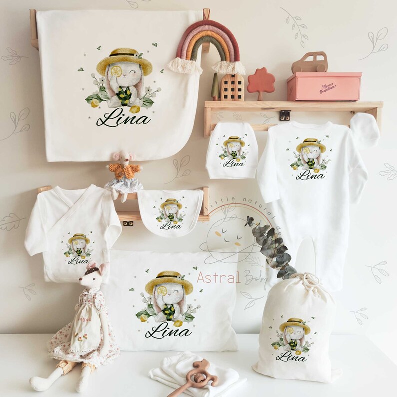 Bunny and Lemon Coming Home Outfit set, Personalized Boho Baby Clothes, Baby Girl Gift, Baby Boy Gift, Baby Shower Gift, Newborn Sleeper image 1