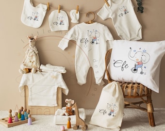 Conjunto de traje de regreso a casa con diseño de elefante de 13 piezas, ropa de bebé boho personalizada, regalo de niña, regalo de niño, regalo de baby shower