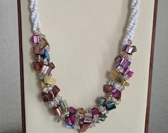 Vintage Multi Strand Crystal Necklace Pastel Glass Bead Statement Necklace