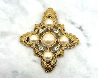 Kenneth Jay Lane for Avon Faux Pearl Brooch Gold Tone Filigree Pin