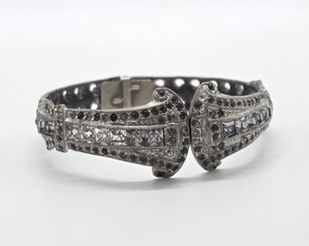 Art Deco Bracelet - Silver Tone Hinged Vintage Cuff