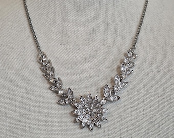 Vintage Silver Tone Rhinestone Statement Necklace – Floral & Leaf Design