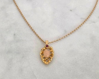 Vintage Gold Tone Necklace with Opal & Ruby – 17” Chain, Dainty Pendant