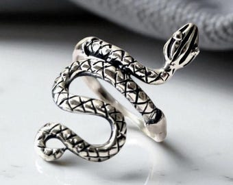 Sterling Silver Snake Ring Adjustable Wrap Serpent Ring Gothic Size 7