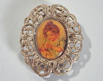 1992 Hamilton Gift Brooch: Vintage Silver Tone Girl Portrait Pin