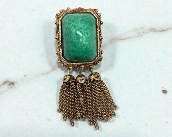 Vintage Faux Jade Peking Glass Brooch Green Glass Dangle Fringe Pin