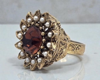 Vintage Floral Ring with Faux Pearls and Orange Glass | Adjustable
