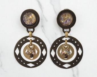 Robert Rose Vintage Statement Earrings – Gold Cabochon Bronze and Brown Clip Ons