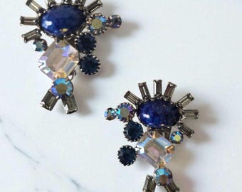 Starburst Statement Earrings – Blue Cabochon & Crystal AB Rhinestones – Silver Tone Clip-On
