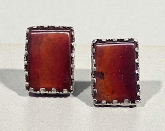 Vintage Sterling Silver Carnelian Stud Earrings | Natural Inclusions