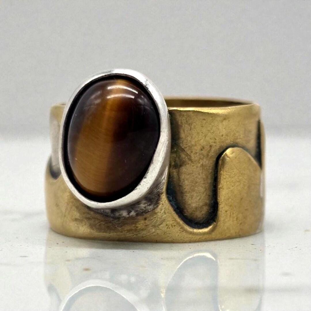 Vintage Brass Tigers Eye Ring - Mixed Metal Statement Jewelry - Etsy