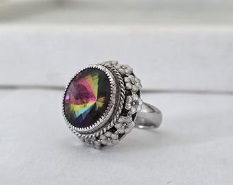 Vintage Whiting & Davis Adjustable Statement Ring – Faceted Glass