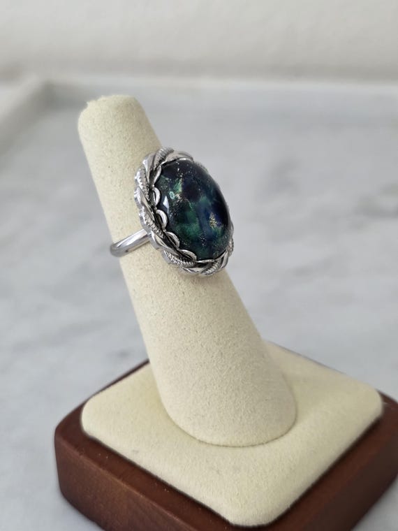 Adjustable Teal Green Statement Ring Silver Tone … - image 3