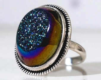 Bague tendance Druzy en argent sterling - Bleu irisé pourpre scintillant