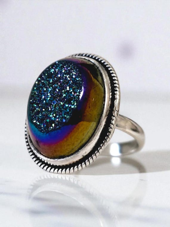 Sterling Silver Druzy Statement Ring – Iridescent… - image 1