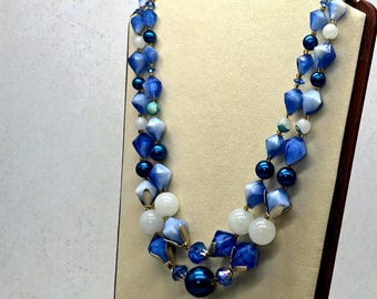 Vintage Blue Double Strand Beaded Necklace | Signed Hong Kong Clasp | Mid Century Statement Jewelry