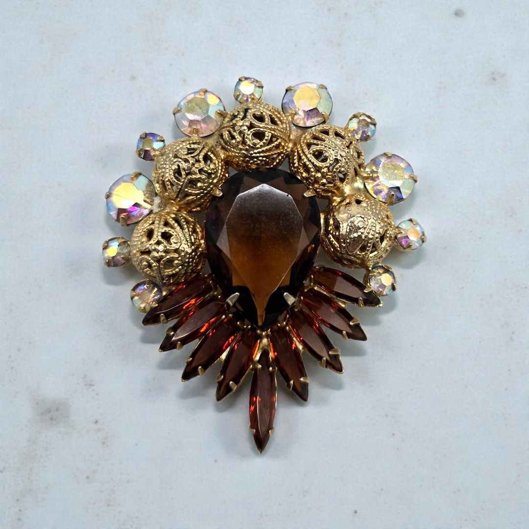 Julier Reed Brooch Juliana D&E Brooch Ref 3838 Amber Rhinestone AB Crystal Statement Pin ...