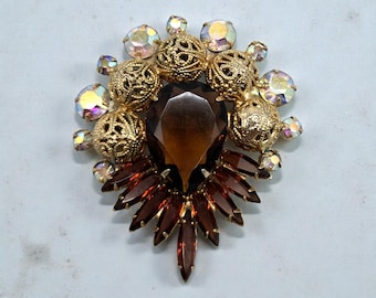 Juliana D&E Brooch Ref 3838 Amber Rhinestone AB Crystal Statement Pin