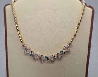 Vintage Gold Tone Bow Necklace | Clear & Green Rhinestones | Feminine Statement