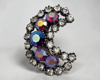 Vintage Aurora Borealis Rhinestone Brooch Pink Blue AB Crystal Cluster Statement