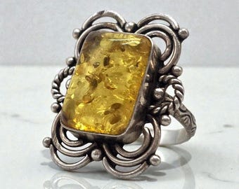 Vintage Honey Amber Sterling Silver Ring – Ornate Scrollwork Statement
