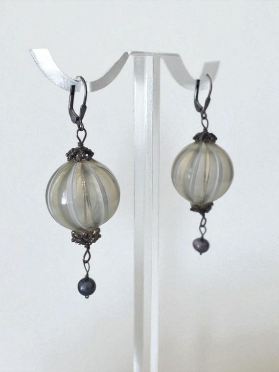 Vintage Grey Blown Glass Earrings – Unique Artisan Statement Jewelry