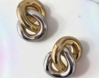 Vintage TAT Mixed Metal Earrings - Gold Silver Tone Knot Design Post Back Jewelry