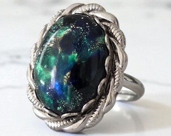 Adjustable Teal Green Statement Ring Silver Tone Butterfly Wing Pattern Oval Cabochon Boho Jewelry