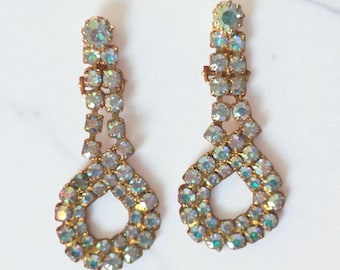 Aurora Borealis Rhinestone Clip-On Earrings – Gold Tone Double Teardrop Statement Sparkle