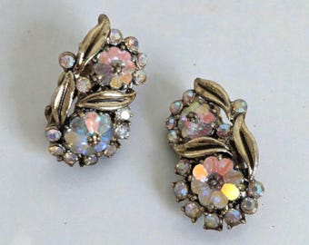Vintage Hollycraft Clip On Earrings Pink AB Rhinestone Floral Gold Tone