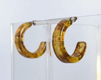 Retro Amber Yellow Lucite Hoop Earrings, 1980s Translucent Acrylic