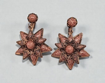 Vintage Copper Pink Goldstone Clip On Earrings Mid Century Starburst
