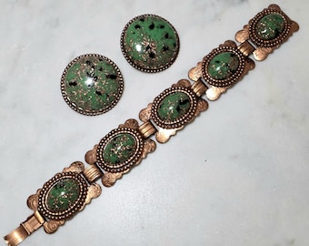Vintage Copper and Green Confetti Lucite Bracelet and Clip Earrings Set MCM Jewelry