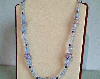 Foil Glass & Cat’s Eye Necklace • Handmade 22" Artisan Bead Jewelry with Bronze Spacers