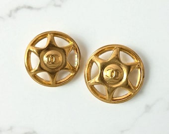 Chanel Gold Tone Logo - Clip On Earrings Authentic Designer Statement with COA