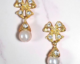 Bow Pearl Drop Earrings – Gold Tone with Rhinestones
